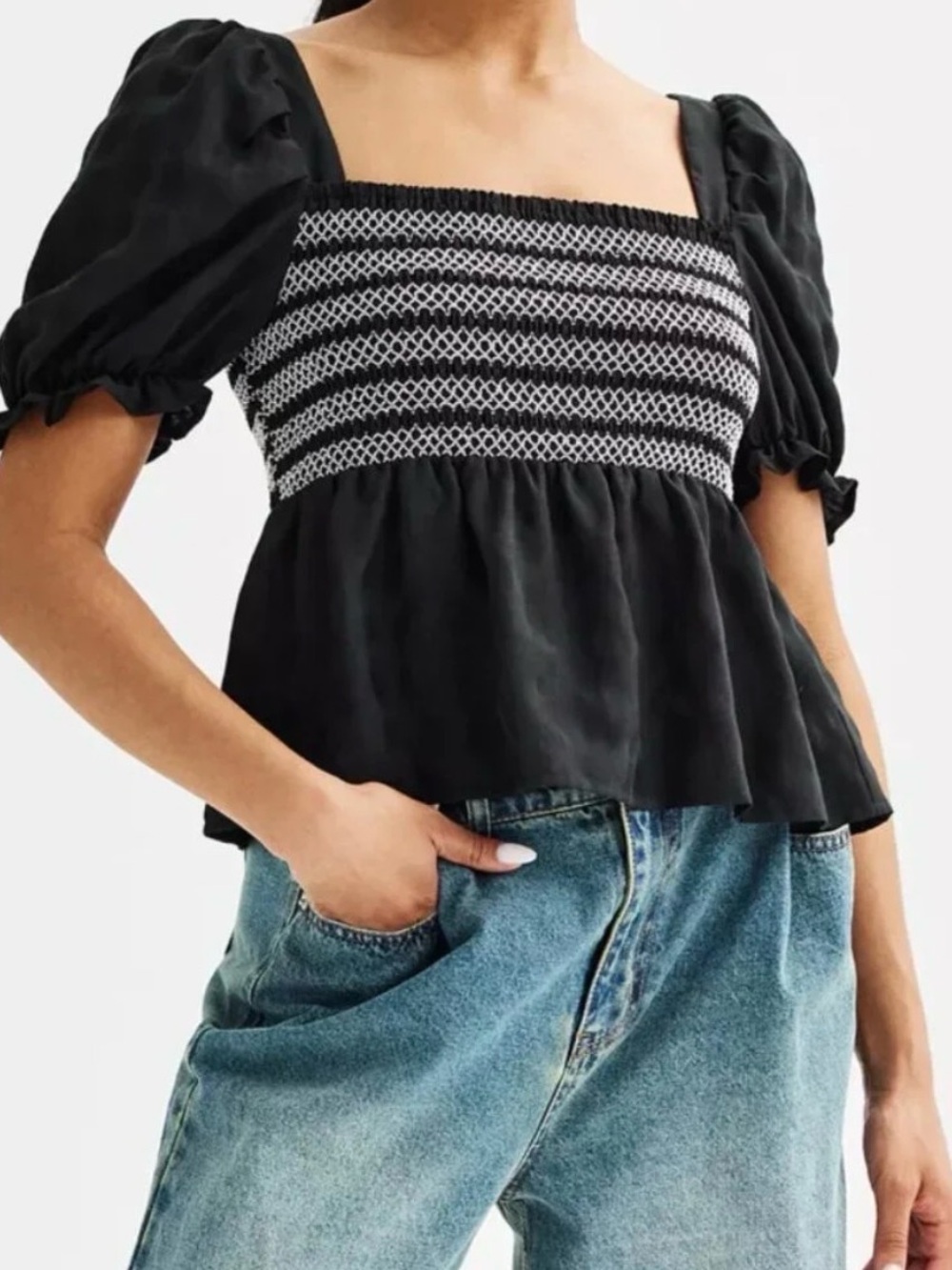 Dizzy Lizzy Top Women's Sz. Large Black Short Puff Sleeve Blouse Boho